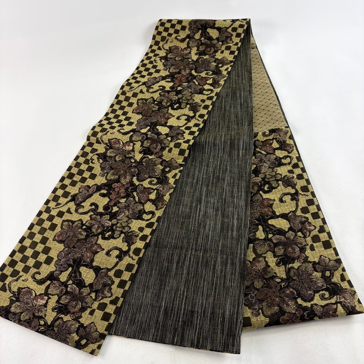 美品】 袋帯 名品 葡萄 市松 箔 金糸 茶緑色 六通 正絹｜中古・古着