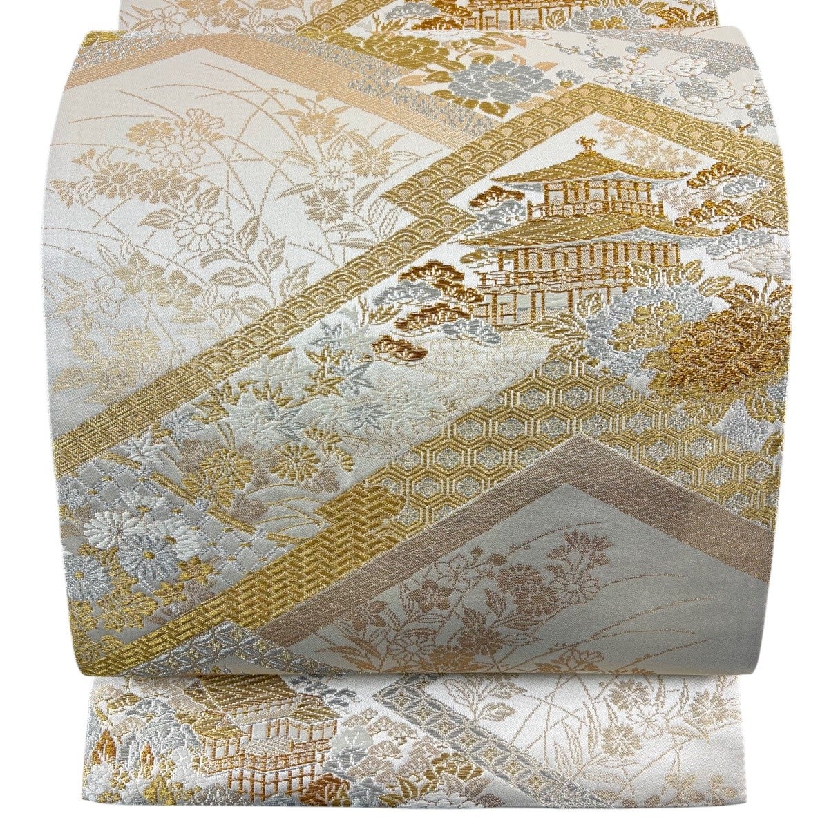 袋帯　洒落帯　象　金糸　カジュアル　白　ベージュ　ゴールド系　中古 美品】 袋帯 秀品 建物 草花 金銀糸 箔 ベージュ 全通 正絹｜中古