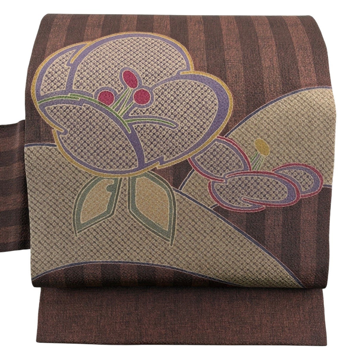 美品】 名古屋帯 秀品 草花 縞 茶色 正絹｜中古・古着・リサイクル着物