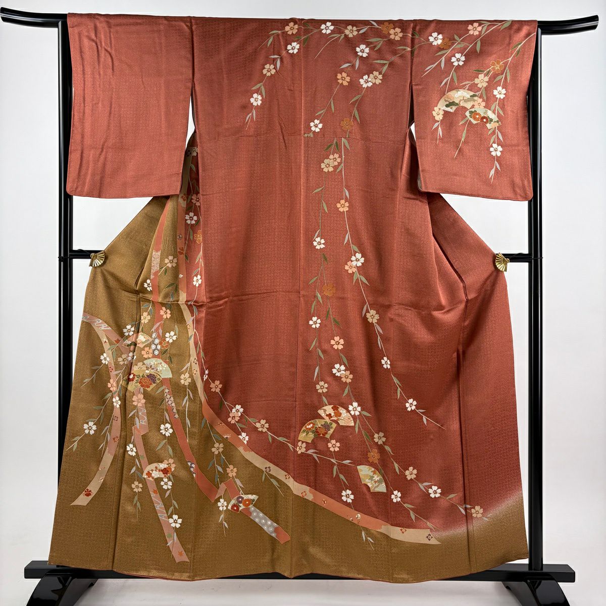 訪問着 身丈169cm 裄丈71.5cm L 袷 扇面 草花 刺繍 箔 茶紫 正絹 秀品