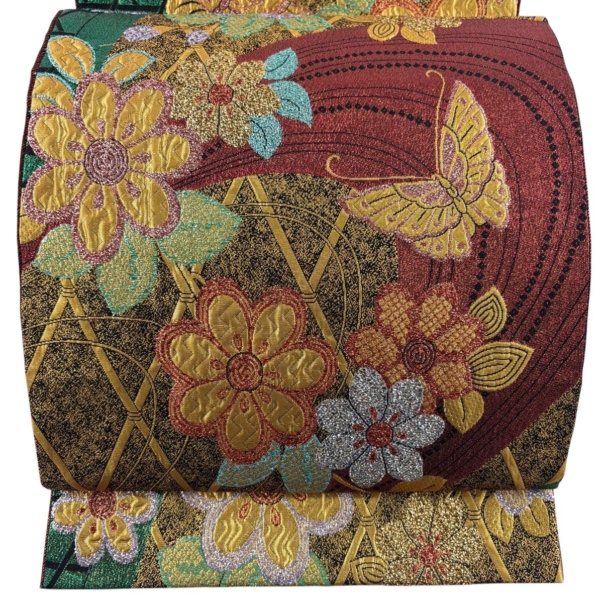振袖　美品　正絹　金糸刺繍　蝶 袋帯 秀品 振袖向き 草花 蝶 金糸 箔 赤 六通 正絹｜中古・古着