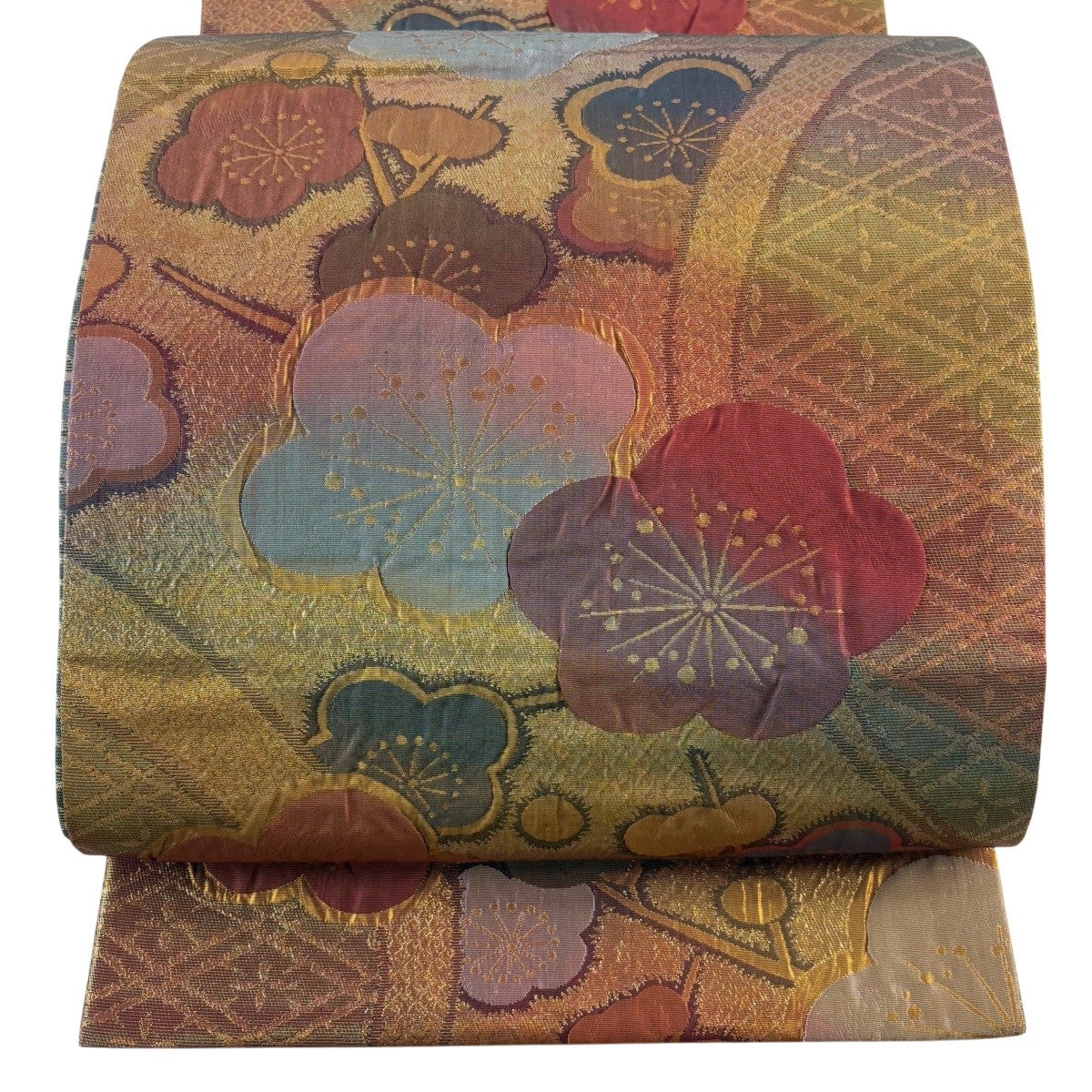 美品】 袋帯 秀品 四季草花文 唐織 箔 赤茶 六通 正絹｜中古・古着