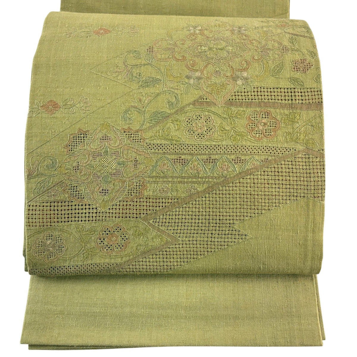 美品】 袋帯 秀品 紬地 華文 花唐草 刺繍 黄緑色 お太鼓柄 正絹｜中古
