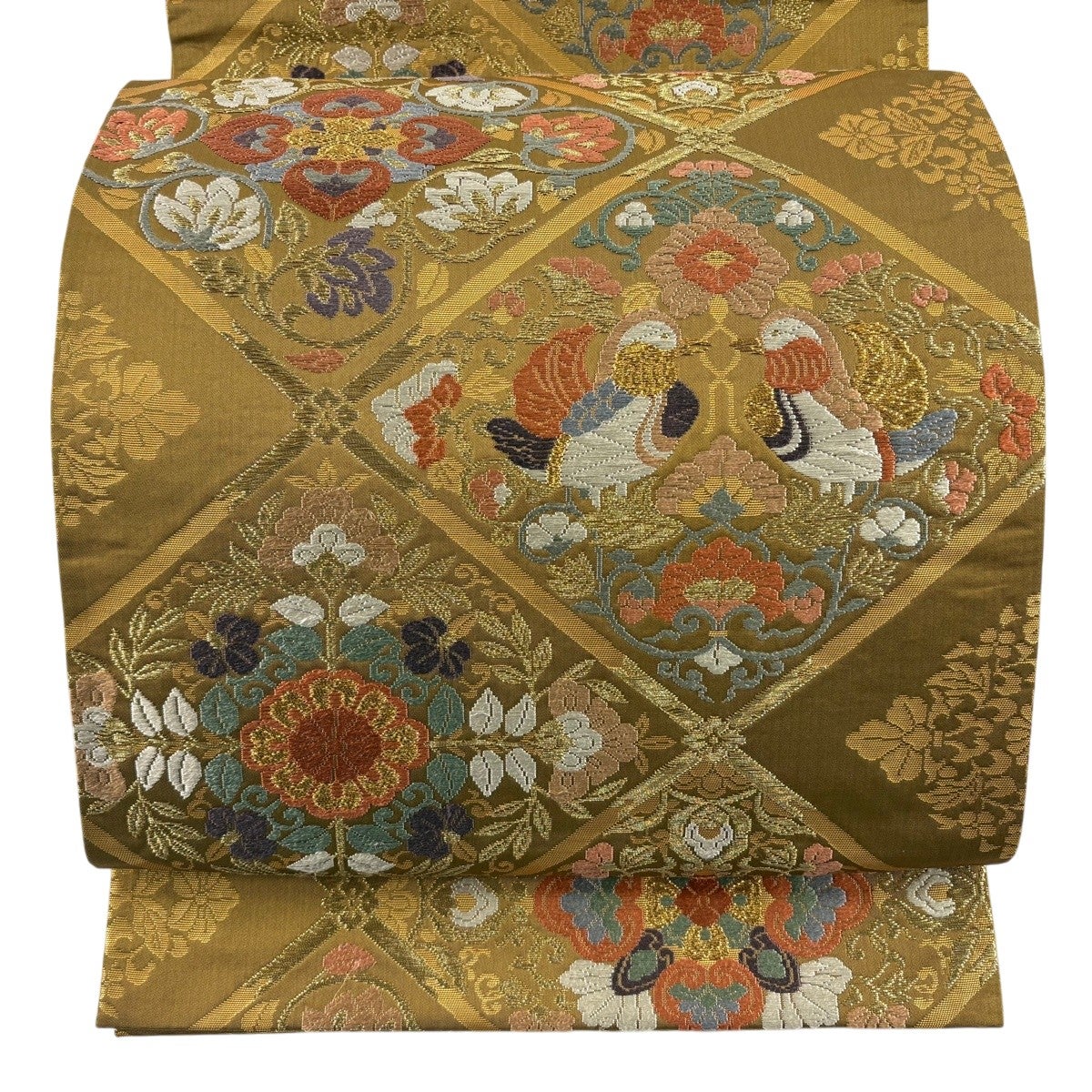 SO-590 袋帯 太鼓柄 正絹 華 対い鳥 金駒刺繍 高級 逸品 美品】 袋帯 名品 落款あり 向かい鳥 華文 箔 金糸 黒 お太鼓柄 正絹