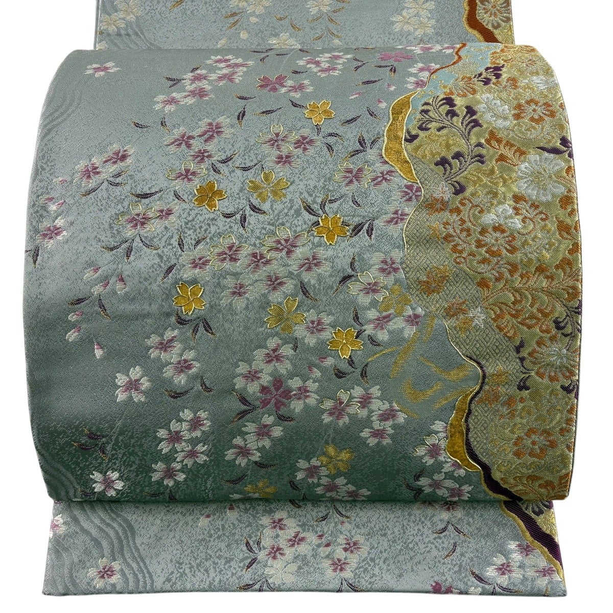 袋帯 秀品 桜 花唐草 金糸 金彩 灰色 六通 正絹｜中古・古着