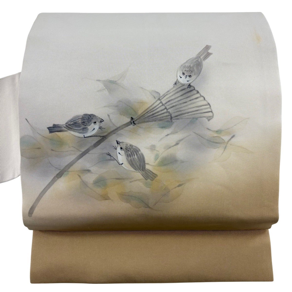 30%OFF 名古屋帯 秀品 落款あり 雀 熊手 ぼかし 灰白 正絹 K30｜中古
