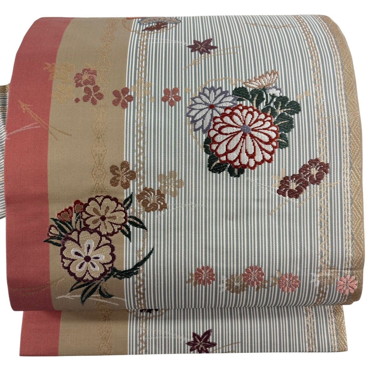30%OFF 名古屋帯 秀品 草花 縞 箔 唐織 灰緑 正絹 K30｜中古・古着