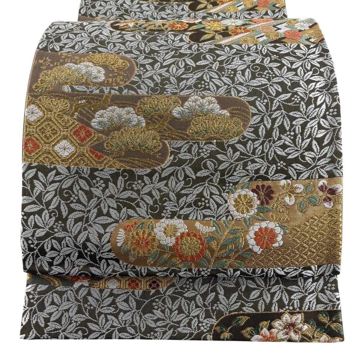 美品】 袋帯 秀品 草花 ヱ霞 金糸 箔 茶緑色 六通 正絹｜中古・古着