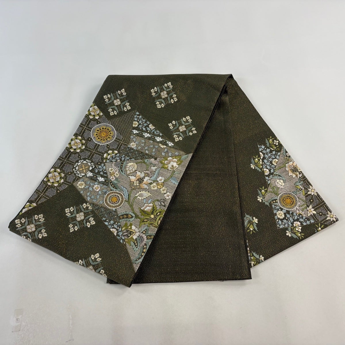 競ナビ】袋帯 美品 逸品 和楽器 草花 金糸 箔 灰茶 お太鼓柄 正絹 
