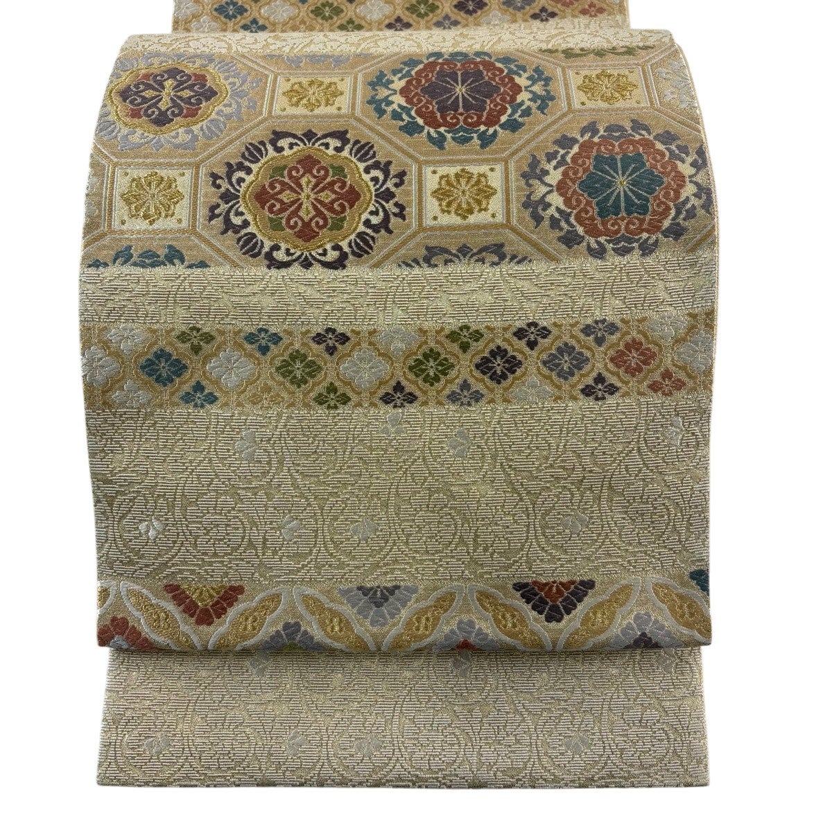 美品】 袋帯 秀品 華文 花鳥 金糸 ベージュ 六通 正絹｜中古・古着