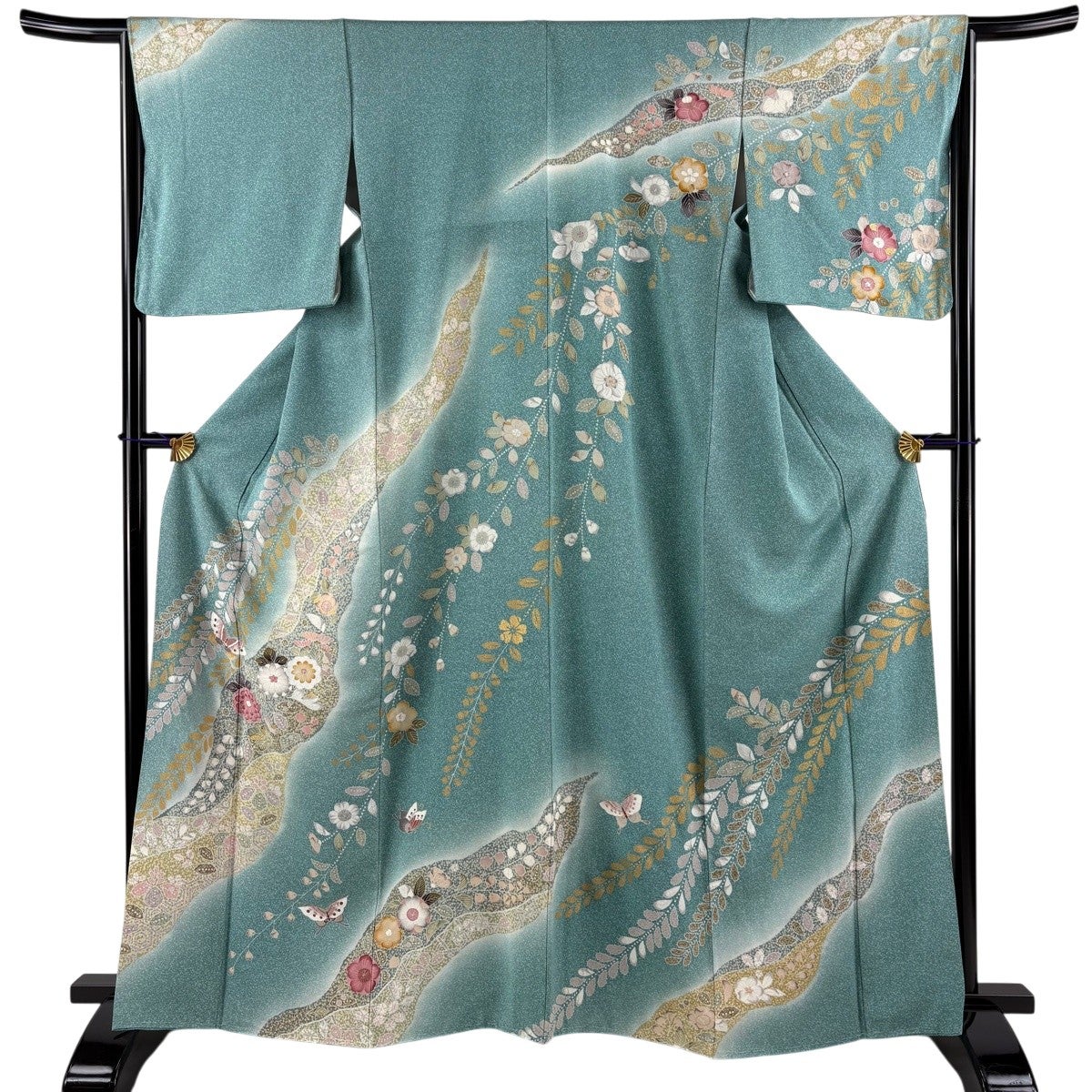 訪問着 身丈161.5cm 裄丈65.5cm M 袷 枝花 霞 金通し 黄緑色 正絹 優品