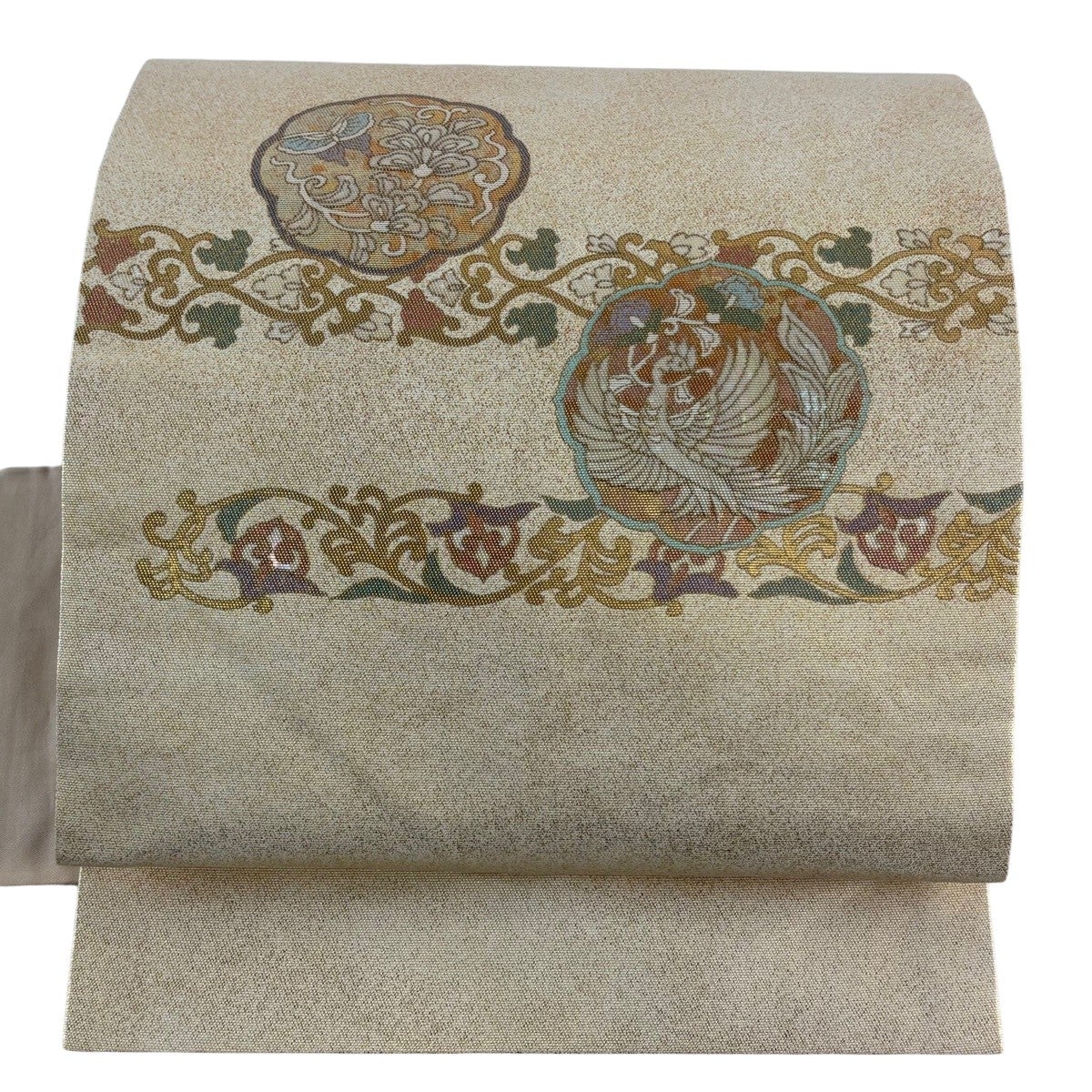 名古屋帯 秀品 花唐草 華文 箔 ベージュ 正絹｜中古・古着・リサイクル