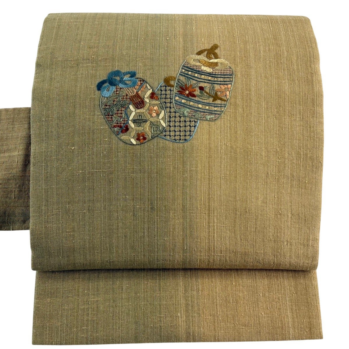 袋帯 秀品 紬地 草花 刺繍 山吹茶色 お太鼓柄 正絹｜中古・古着