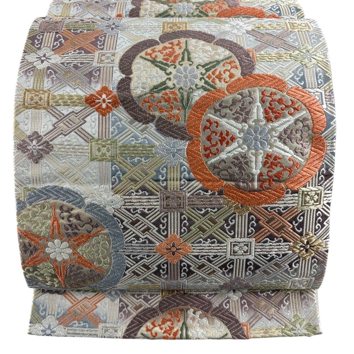 袋帯 名品 菱 菊 箔 唐織 青緑 六通 正絹｜中古・古着・リサイクル着物
