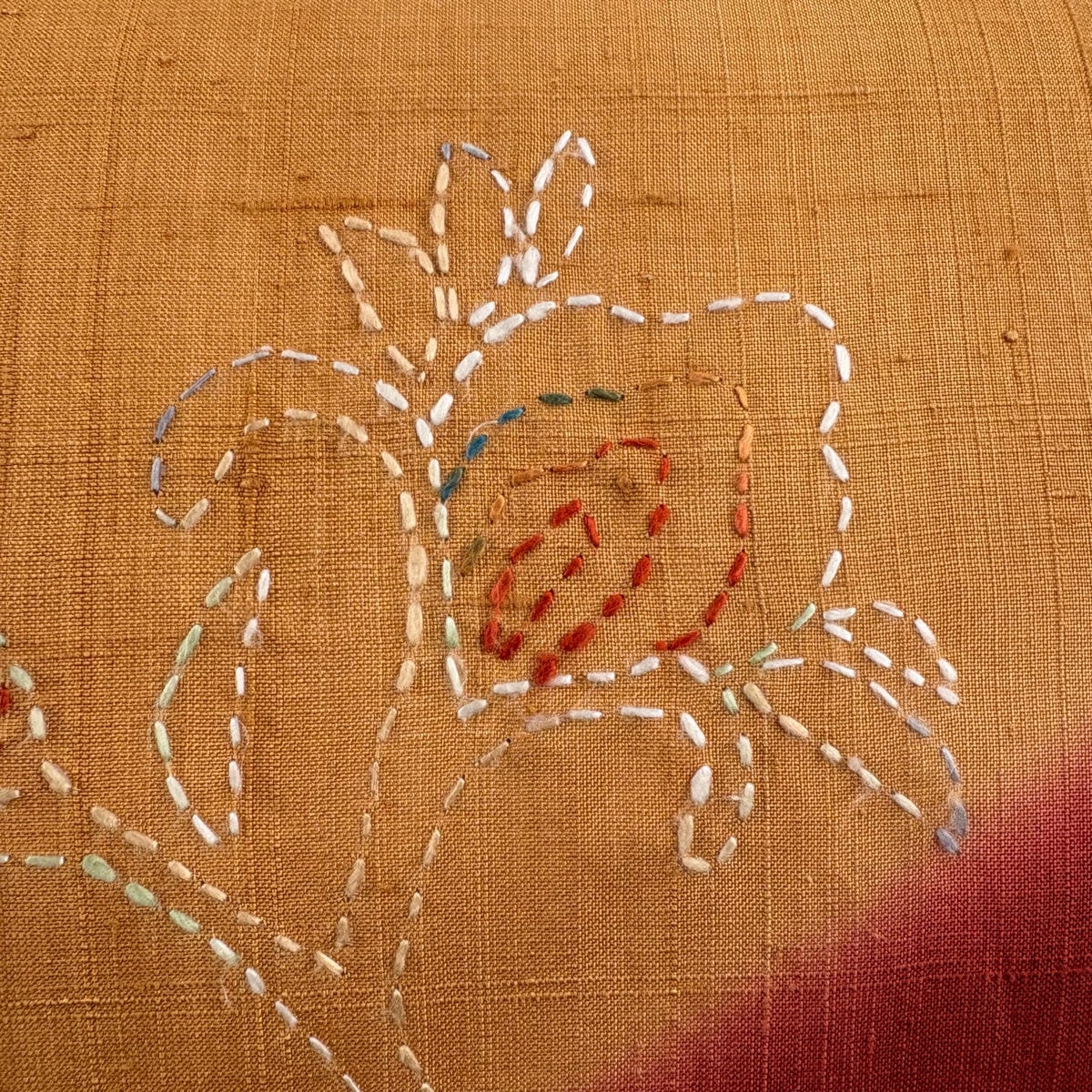 名古屋帯 秀品 紬地 草花 刺し子刺繍 薄オレンジ 正絹｜中古・古着