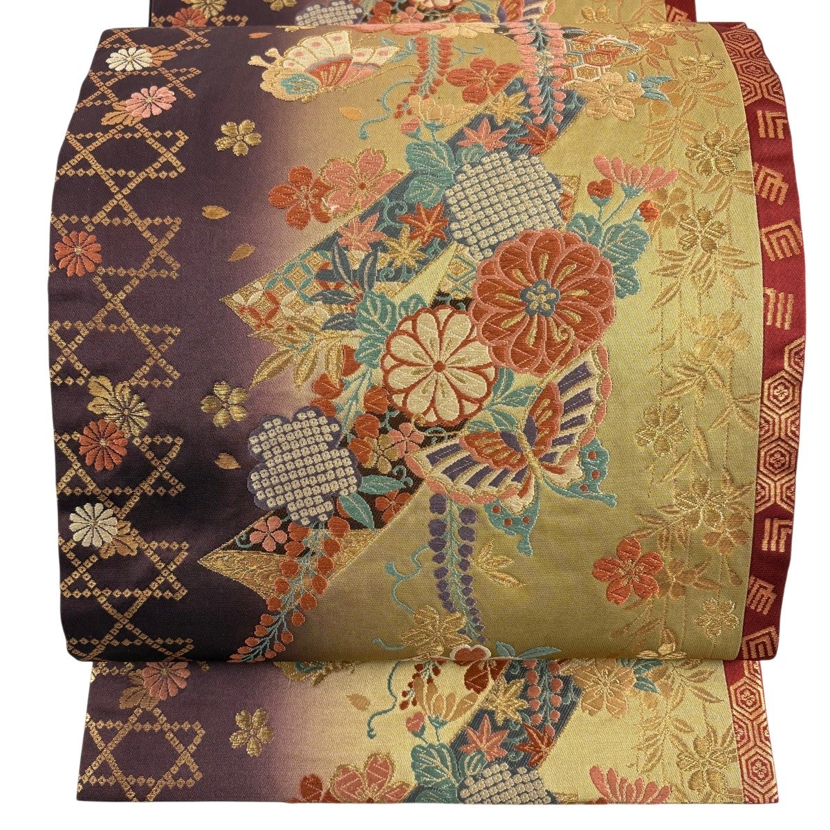 美品】 袋帯 秀品 桜 蝶 金銀糸 箔 緑 六通 正絹｜中古・古着