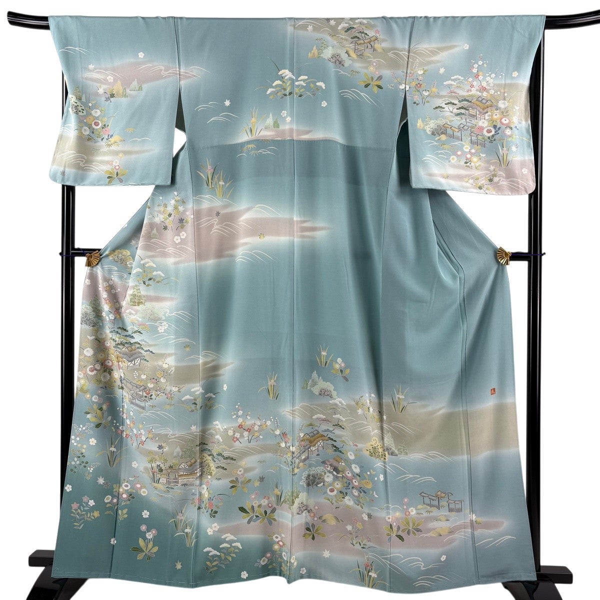 訪問着 身丈163.5cm 裄丈68.5cm L 袷 落款あり 家屋 松竹梅 染め分け