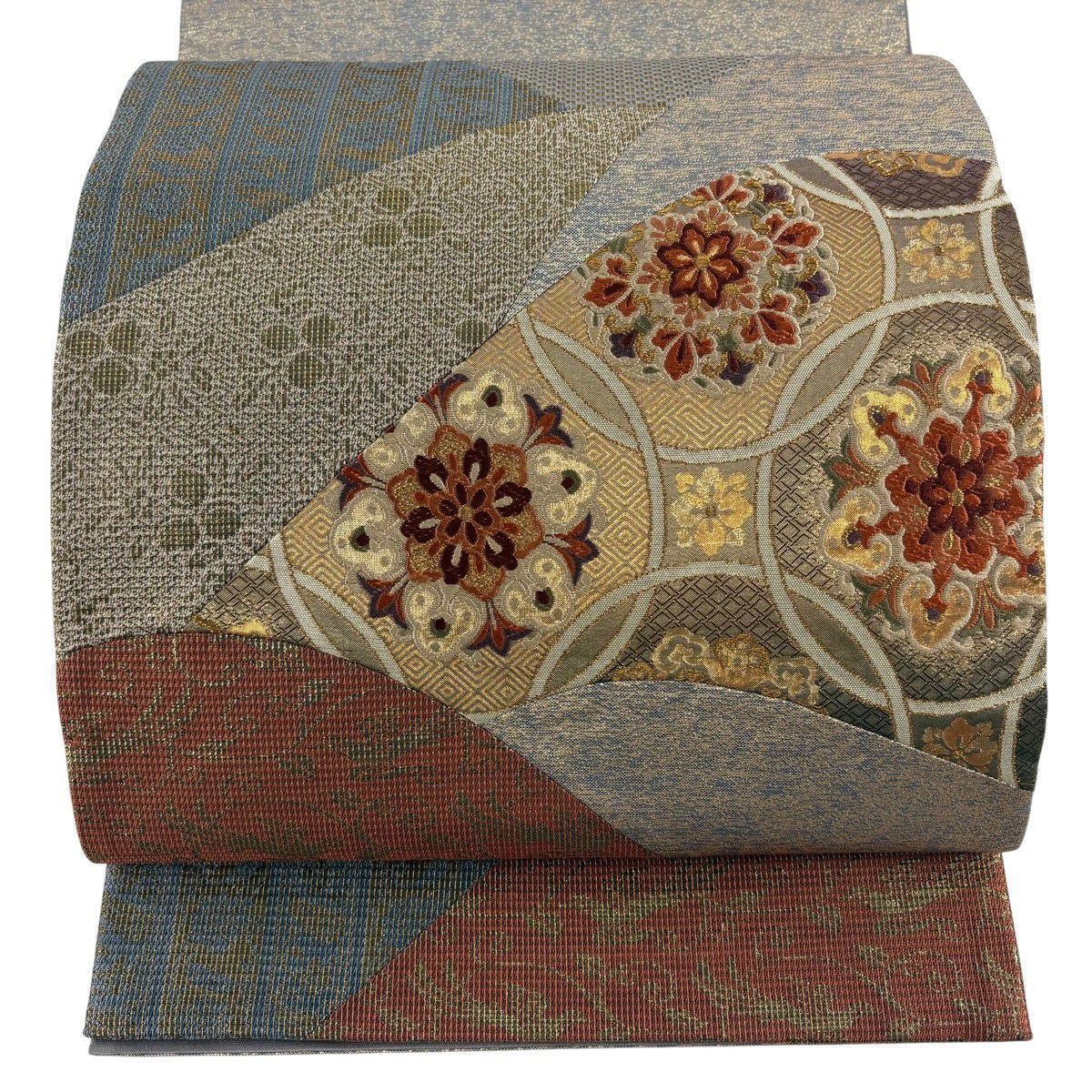 袋帯 紬地 蘇州刺繍 スワトウ刺繍 花唐草文様 正絹 茶色 お太鼓柄 カジュアル 仕立て上がり 着物帯 長さ455cm 美品 【キモノオフ野々市若松店】 美品】 袋帯 秀品 紬地 鳥 花唐草 刺繍 茶色 お太鼓柄 正絹｜中古