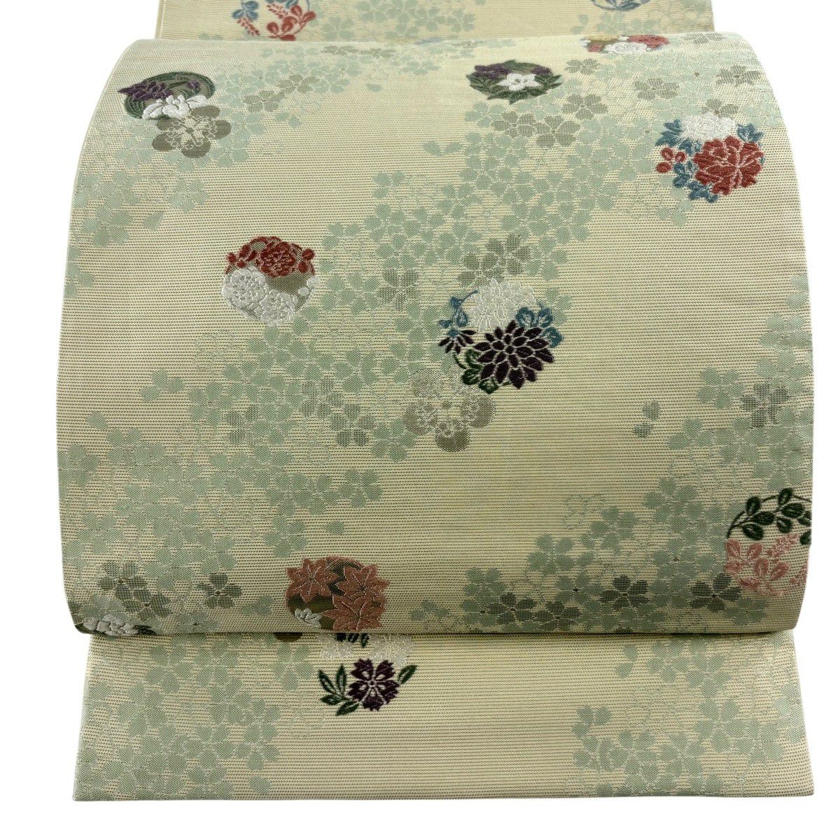 美品】 袋帯 秀品 本袋 幾何学 金糸 茶緑色 六通 正絹｜中古・古着