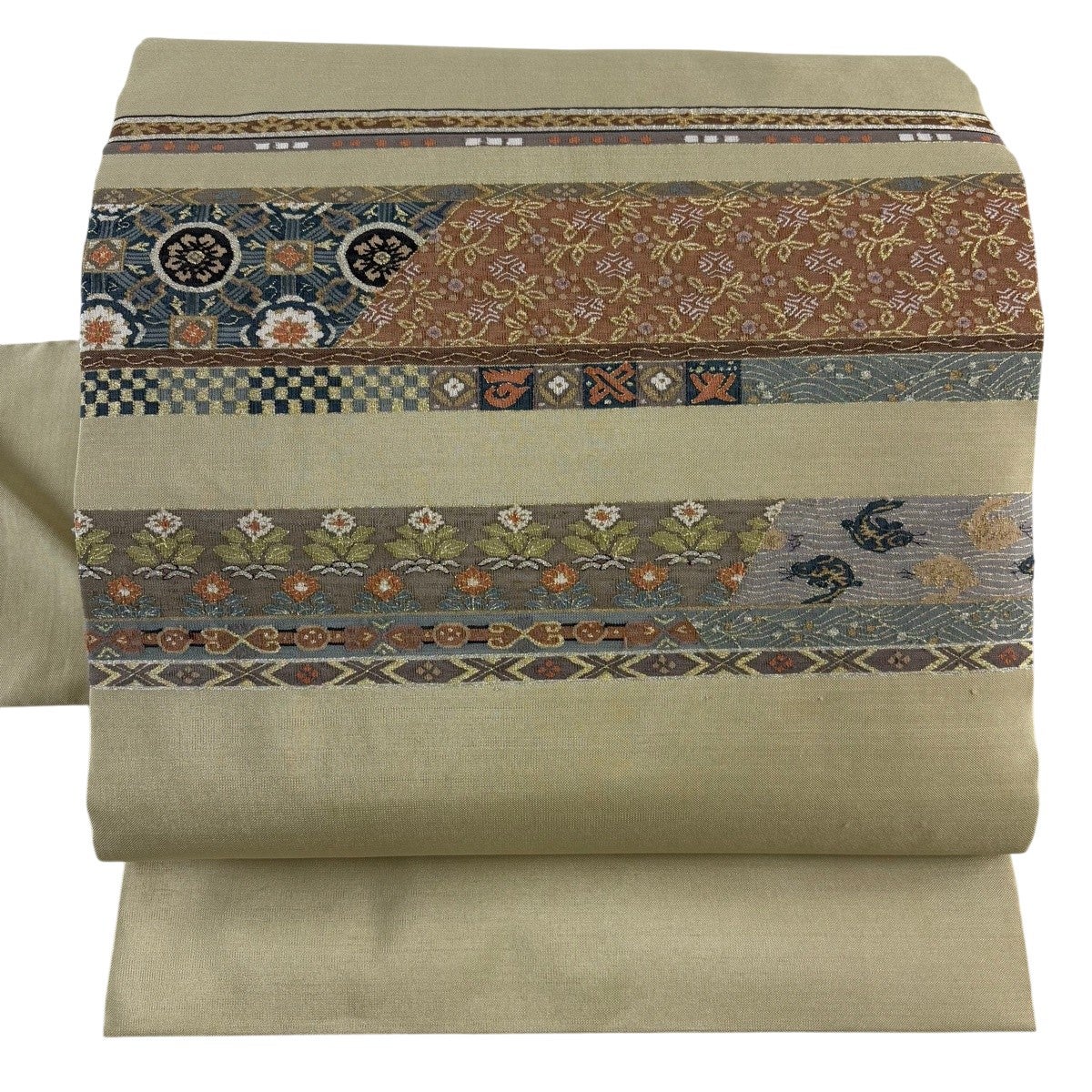 美品】 名古屋帯 秀品 横段 草花 金銀糸 ベージュ 正絹｜中古・古着