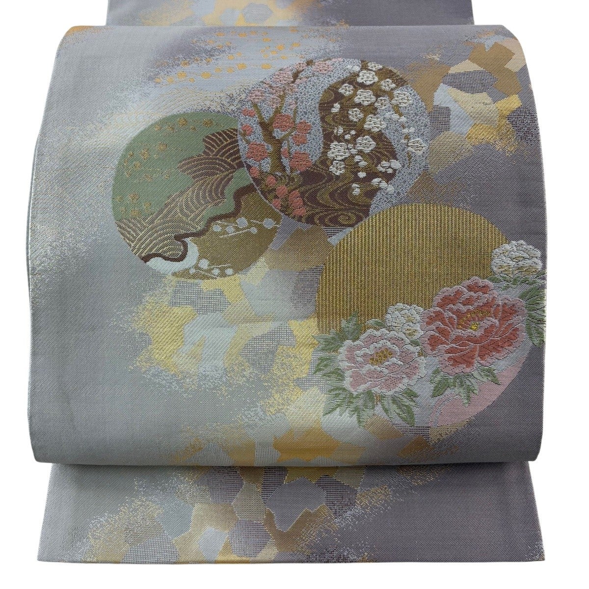 袋帯 美品 名品 やまと誂製 寄せ柄 草花 銀通し 箔 紺色 全通 正絹