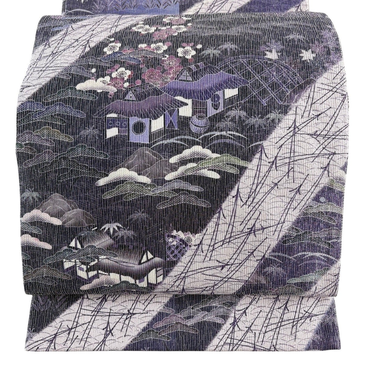 美品】 袋帯 秀品 松竹梅 家屋 銀糸 灰紫 お太鼓柄 正絹｜中古・古着