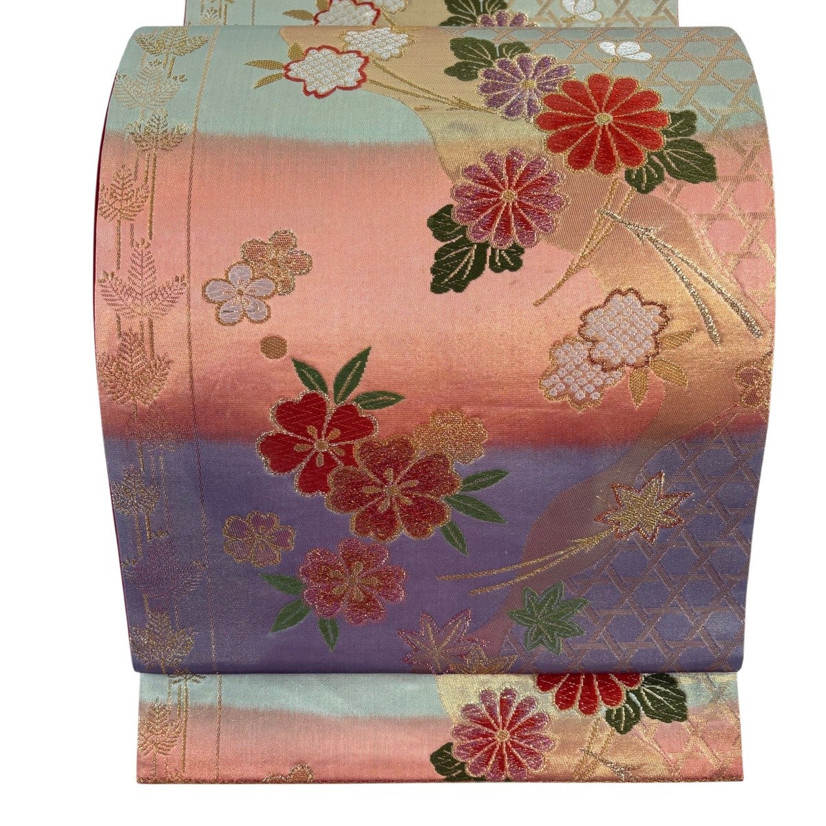 袋帯 秀品 草花 横段 金糸 箔 サーモンピンク 六通 正絹｜中古・古着