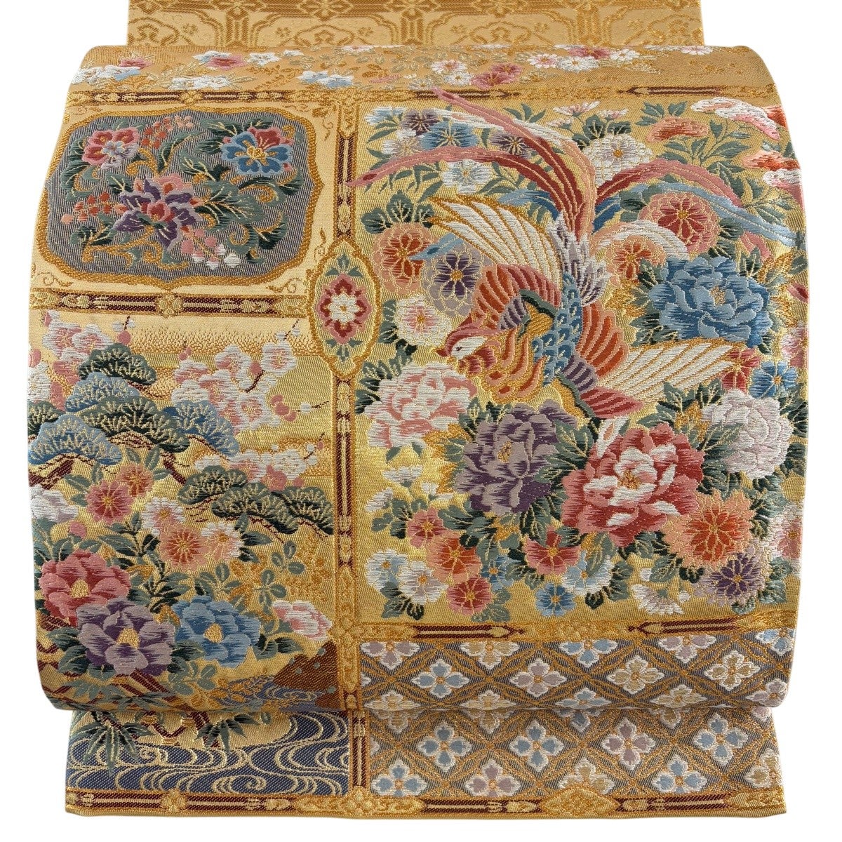 袋帯 美しい華柄模様 鳥 牡丹 金糸 金色 フォーマル O-4177 美品】 袋帯 秀品 全通 向い鳥 華文 箔 金糸 金色 全通 正絹｜中古