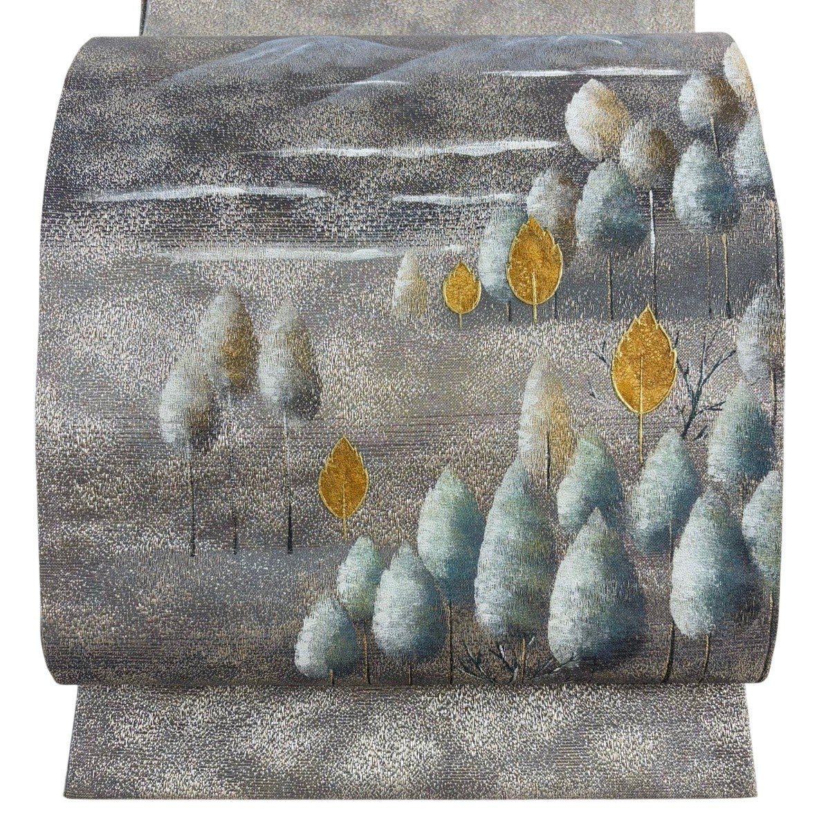 美品】 袋帯 秀品 樹木 山 金彩 銀糸 灰色 お太鼓柄 正絹｜中古・古着