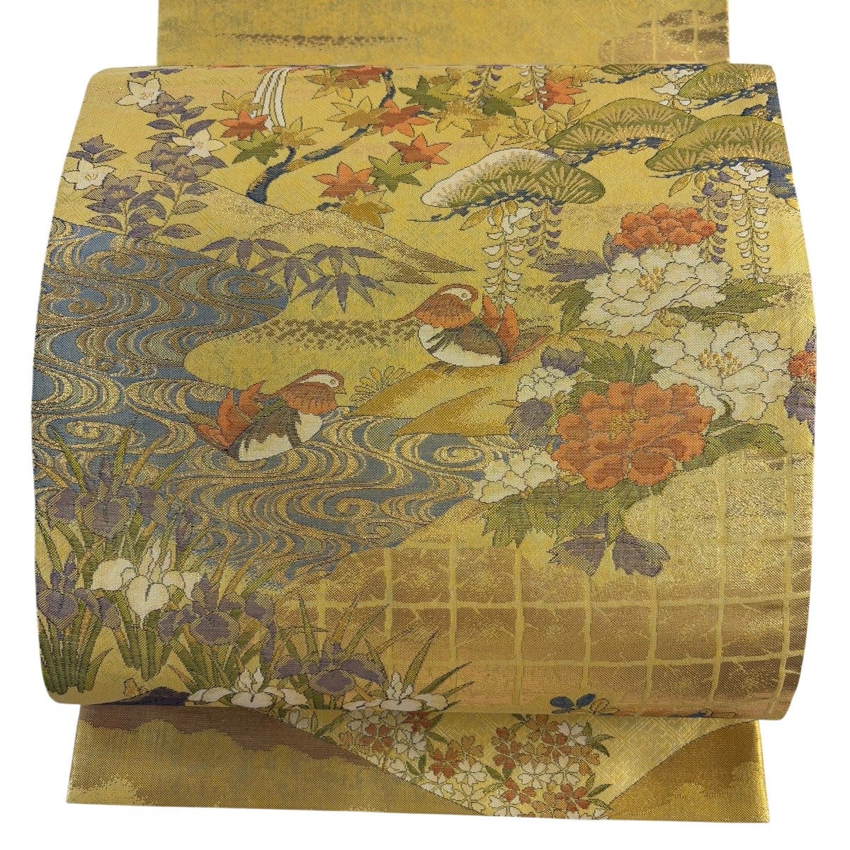 美品】 袋帯 秀品 琳派名作集 草花 鴛鴦 金糸 箔 金色 お太鼓柄 正絹