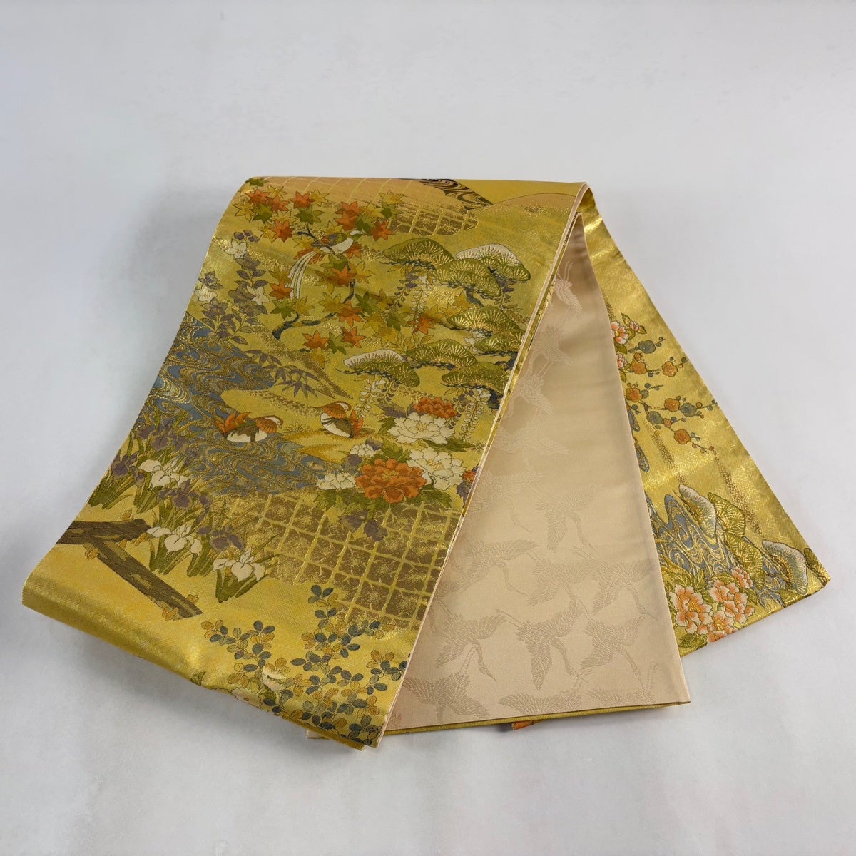 美品】 袋帯 秀品 琳派名作集 草花 鴛鴦 金糸 箔 金色 お太鼓柄 正絹