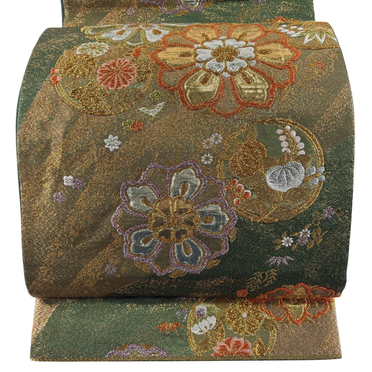 美品】 袋帯 逸品 川島織物 落款あり 関西仕立て 華文 花唐草 金糸 箔