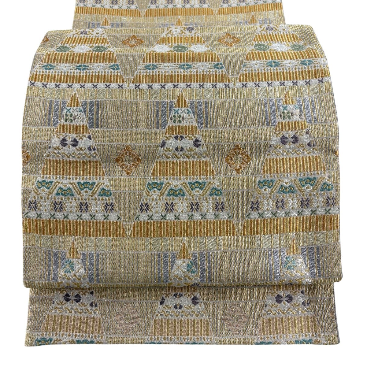 美品】 袋帯 秀品 鎧市松文 花 金銀糸 箔 灰茶 六通 正絹｜中古・古着