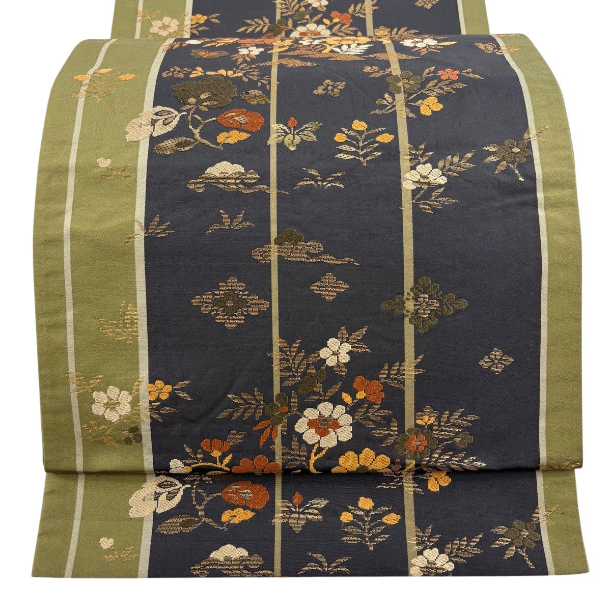 美品】 袋帯 秀品 草花 花菱 刺繍 箔 灰紫 六通 正絹｜中古・古着
