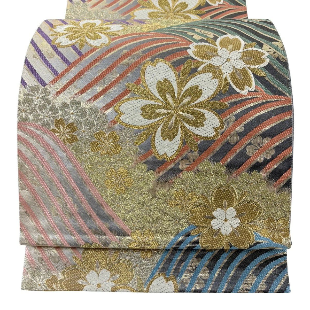 美品】 袋帯 秀品 桜 波 金糸 箔 墨色 六通 正絹｜中古・古着