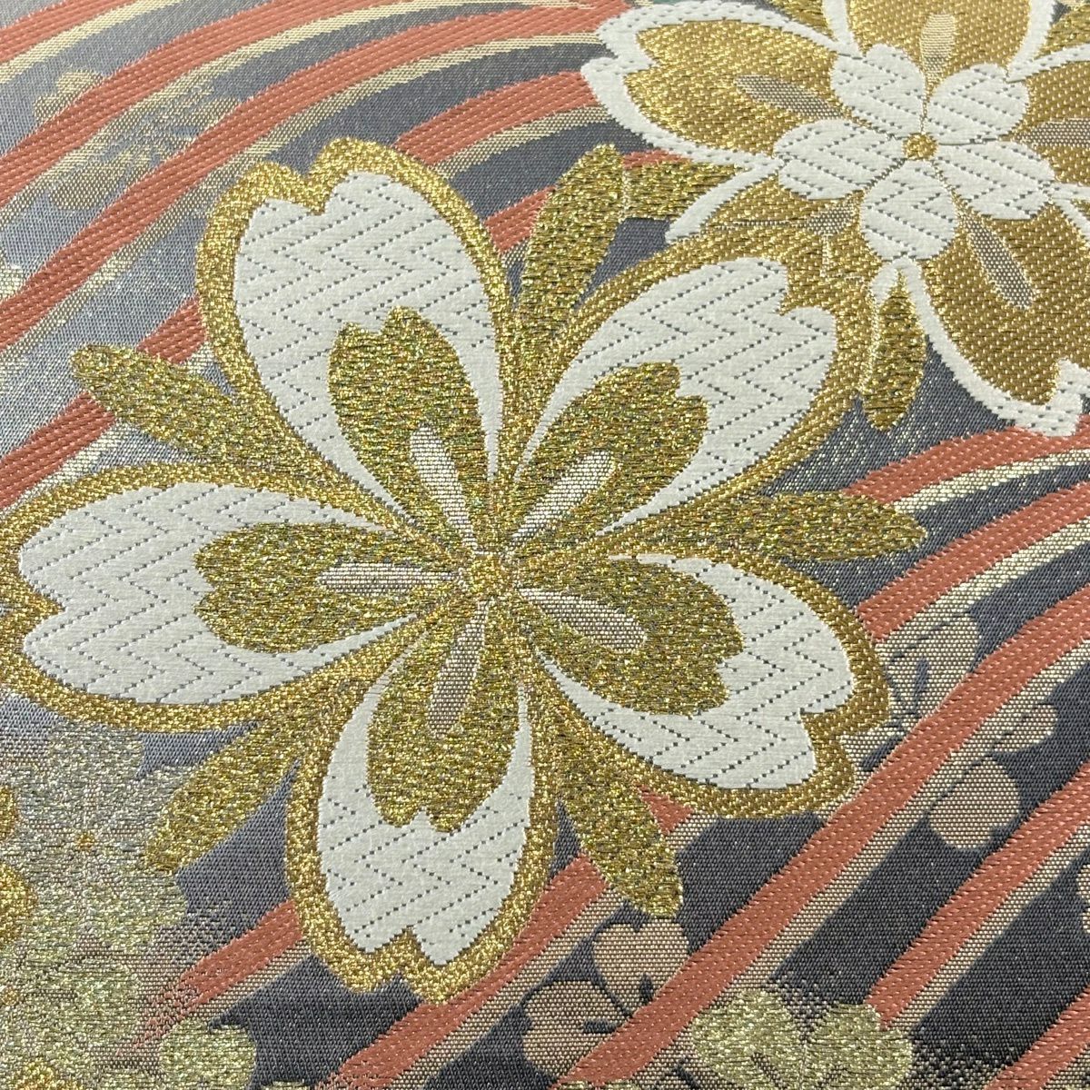 美品】 袋帯 秀品 桜 波 金糸 箔 墨色 六通 正絹｜中古・古着