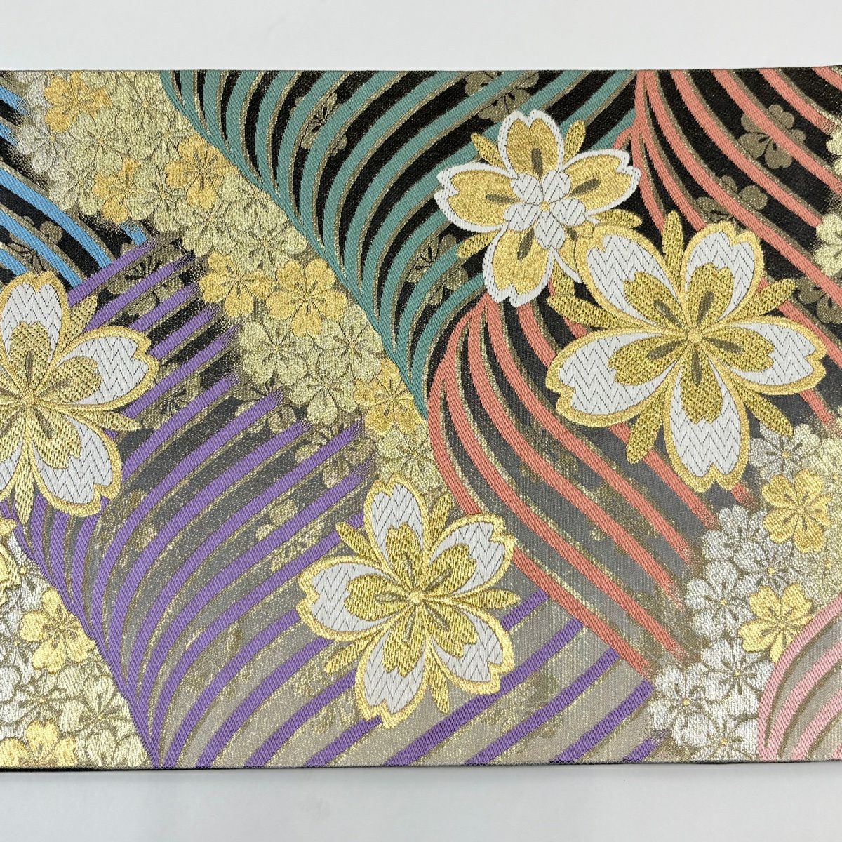 美品】 袋帯 秀品 桜 波 金糸 箔 墨色 六通 正絹｜中古・古着