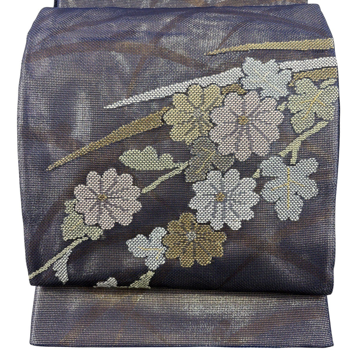 美品】 袋帯 秀品 夏帯 菊 露芝 金銀糸 刺繍 濃紫 お太鼓柄 正絹｜中古