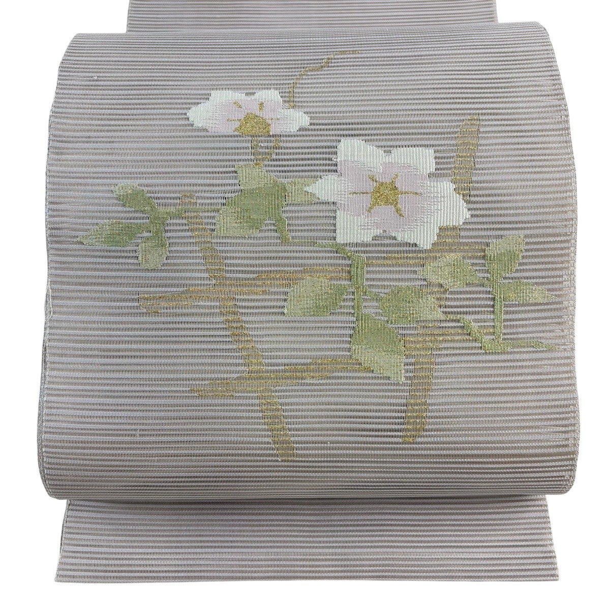 美品】 名古屋帯 秀品 夏帯 絽 トンネル仕立て 草花 箔 灰紫 正絹