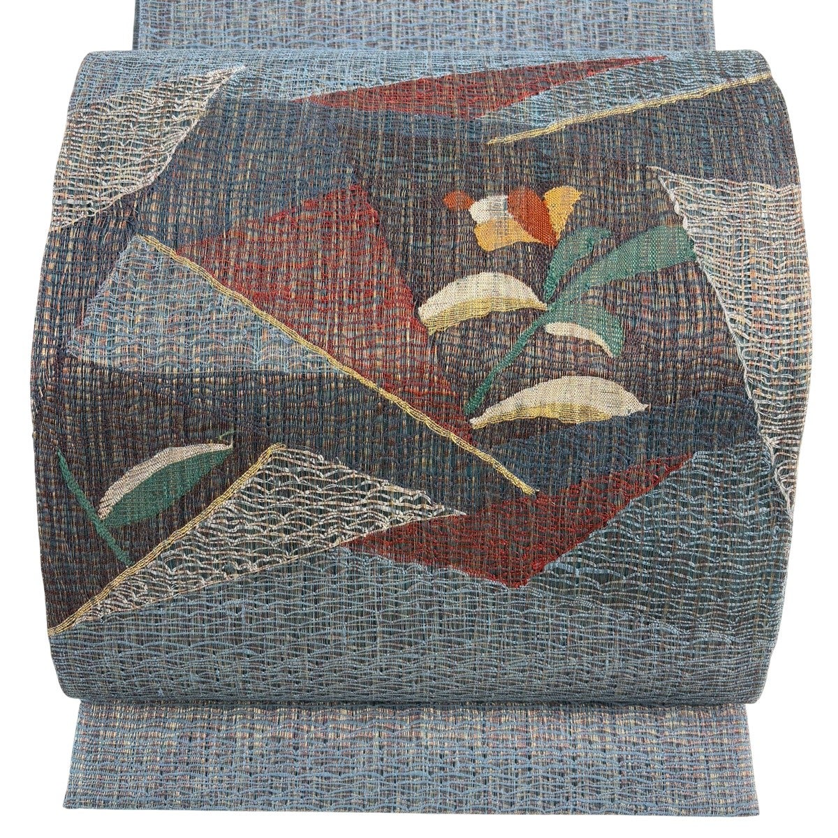 美品】 袋帯 秀品 夏帯 草花 幾何学 金糸 青灰色 お太鼓柄 正絹｜中古