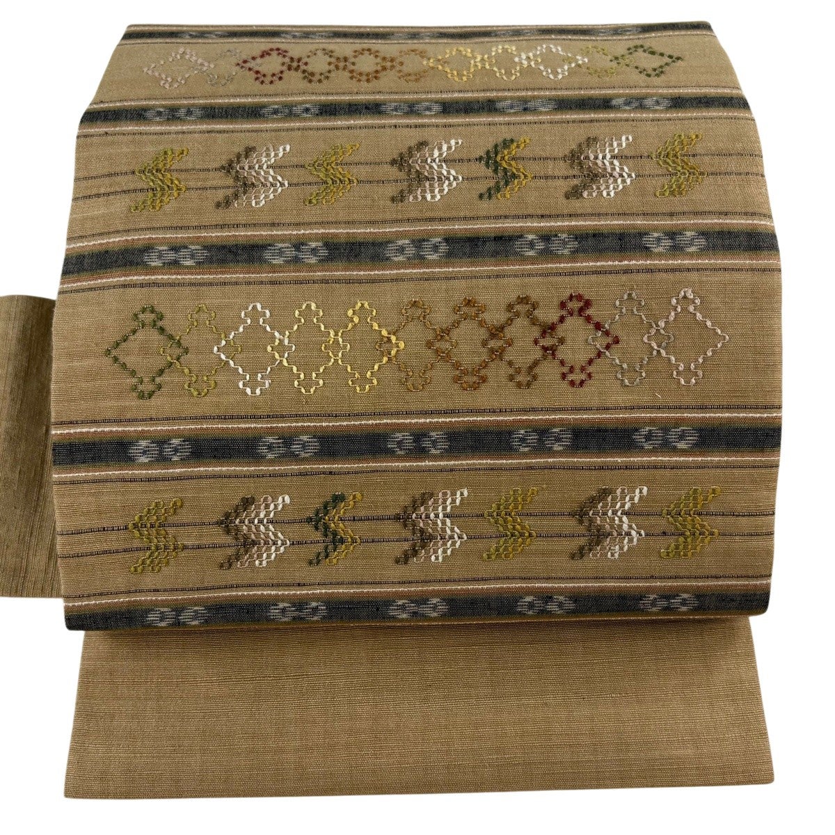 名古屋帯　単衣　縦縞　抽象模様　ブラウンカラー　金糸　着物　104tz 20%OFF 【美品】 名古屋帯 逸品 落款あり 証紙あり 首里手花織 幾何学