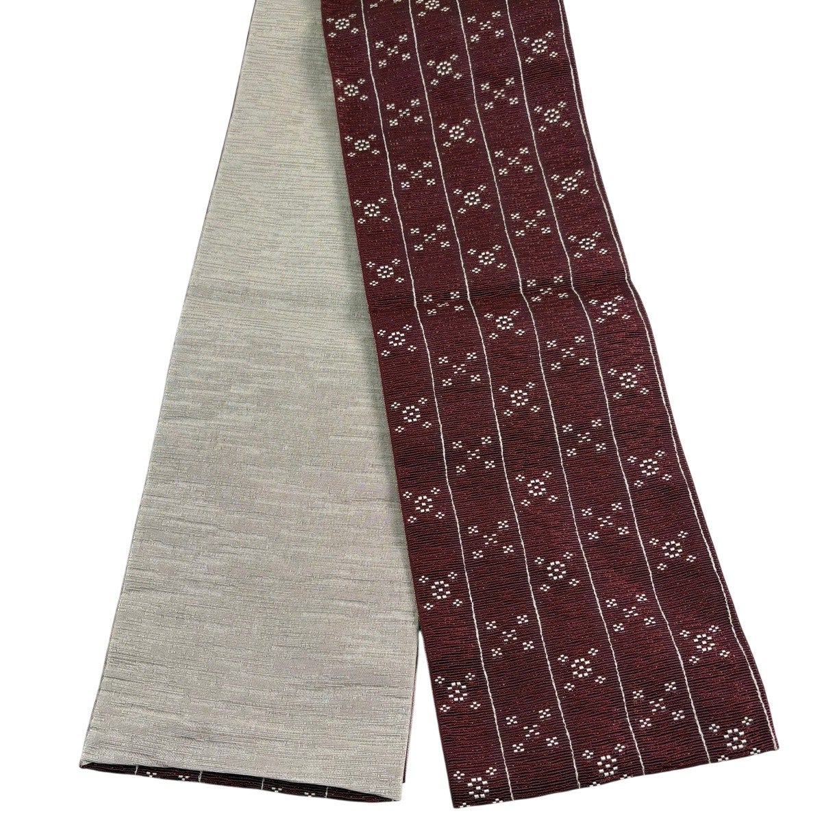 50%OFF 【美品】半幅帯 優品 縞 幾何学模様 えんじ色 化繊 K50｜中古