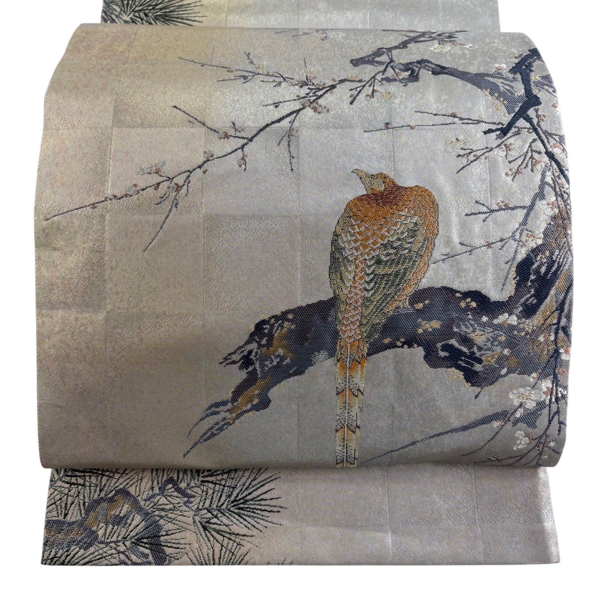 袋帯 名品 じゅらく 落款あり 梅花山鳥図 灰色 お太鼓柄 正絹｜中古