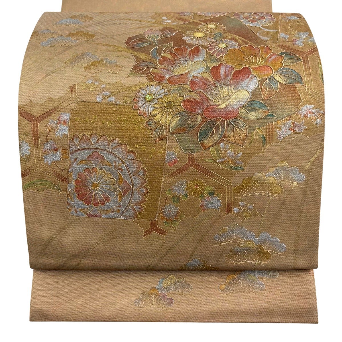 袋帯 名品 破れ色紙 草花 螺鈿 金銀彩 薄茶色 お太鼓柄 正絹｜中古