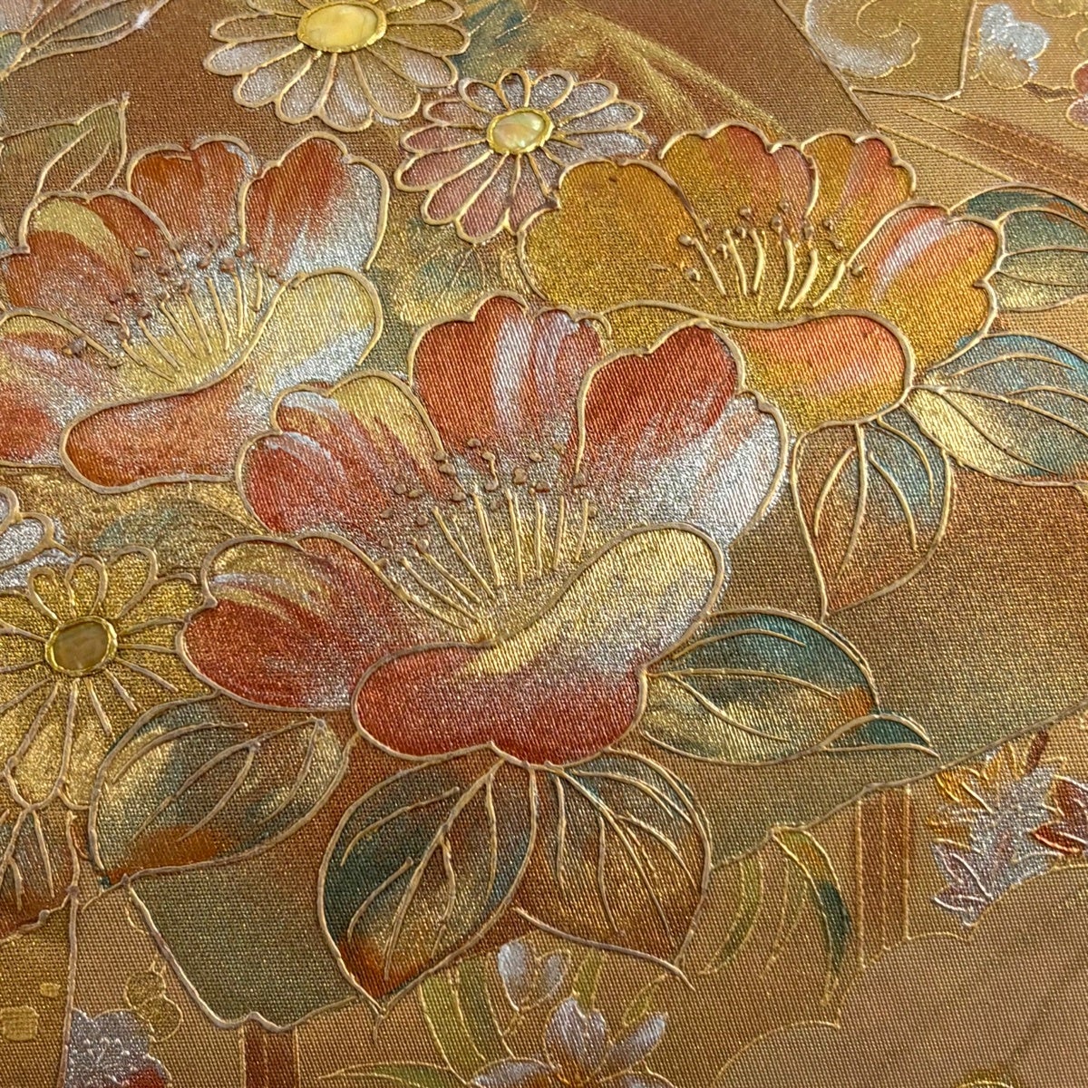 袋帯 名品 破れ色紙 草花 螺鈿 金銀彩 薄茶色 お太鼓柄 正絹｜中古