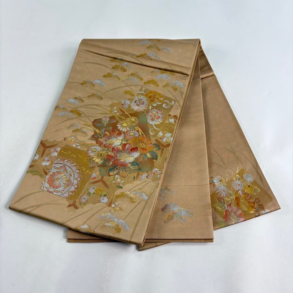 袋帯 名品 破れ色紙 草花 螺鈿 金銀彩 薄茶色 お太鼓柄 正絹｜中古
