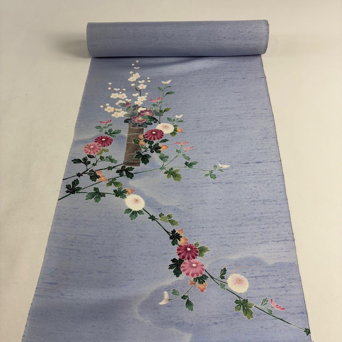 反物 名品 付下げ 紬地 大理苑 竹花器 雲文 水色 正絹｜中古・古着