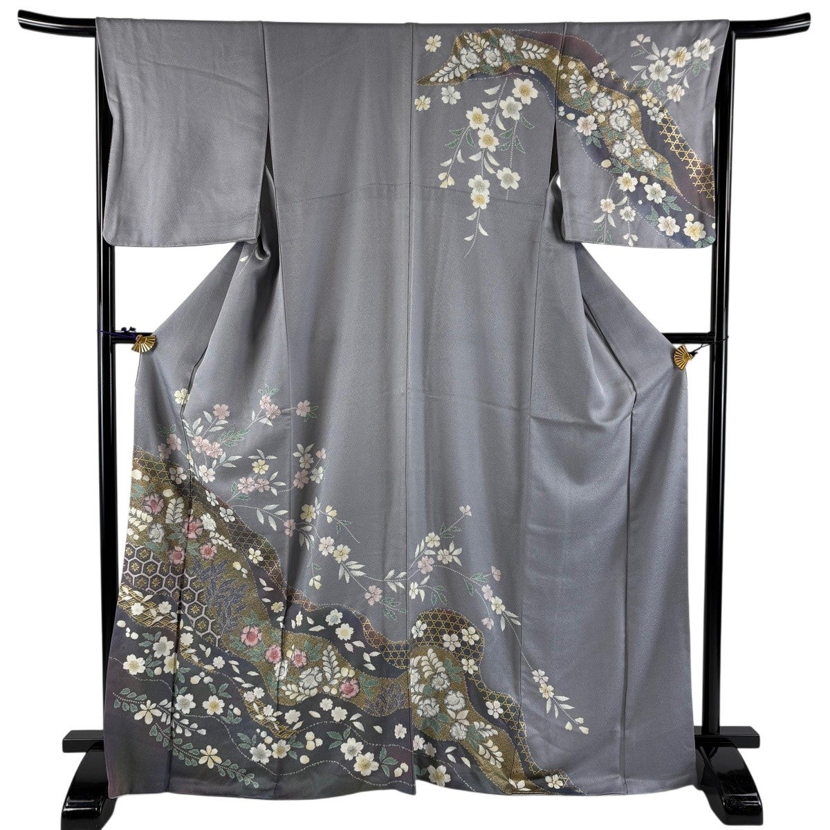 訪問着 身丈169cm 裄丈66cm M 袷 紬地 落款あり 草花 縞 金彩 茶色