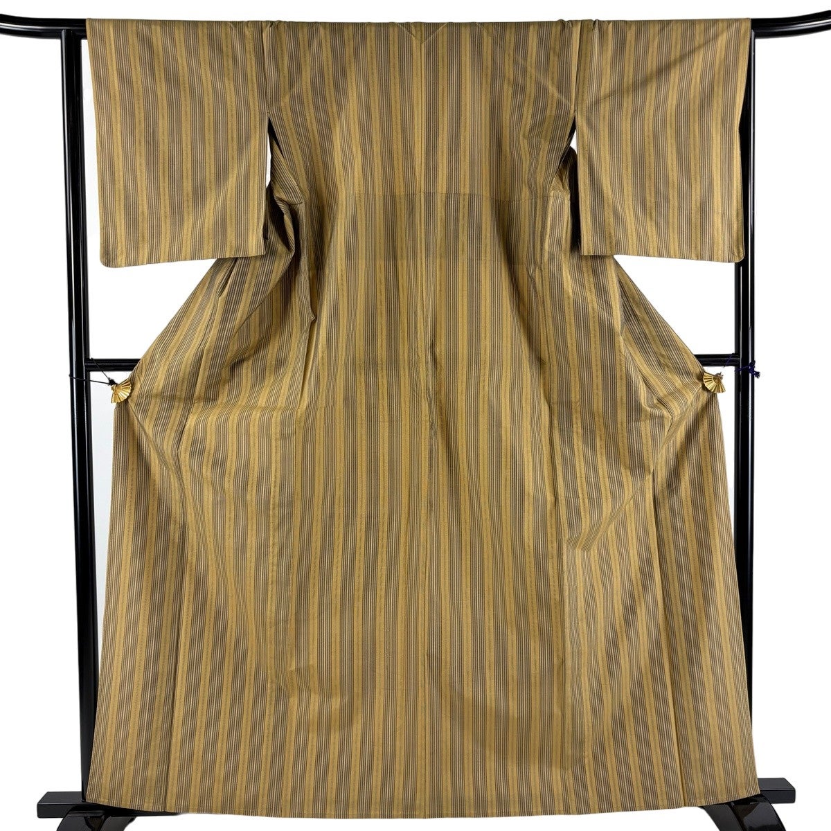 美品】 大島紬 身丈162cm 裄丈65cm M 単衣 証紙あり 縦縞 山吹茶色