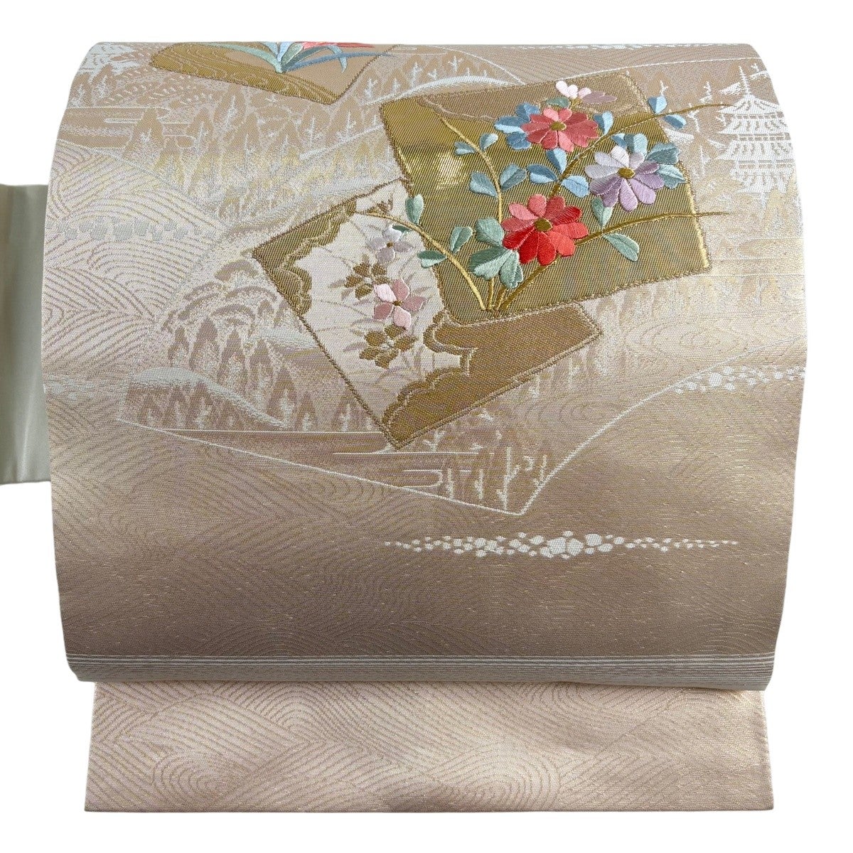50%OFF 【美品】 名古屋帯 優品 菊 菖蒲 金糸 箔 クリーム 正絹 K50